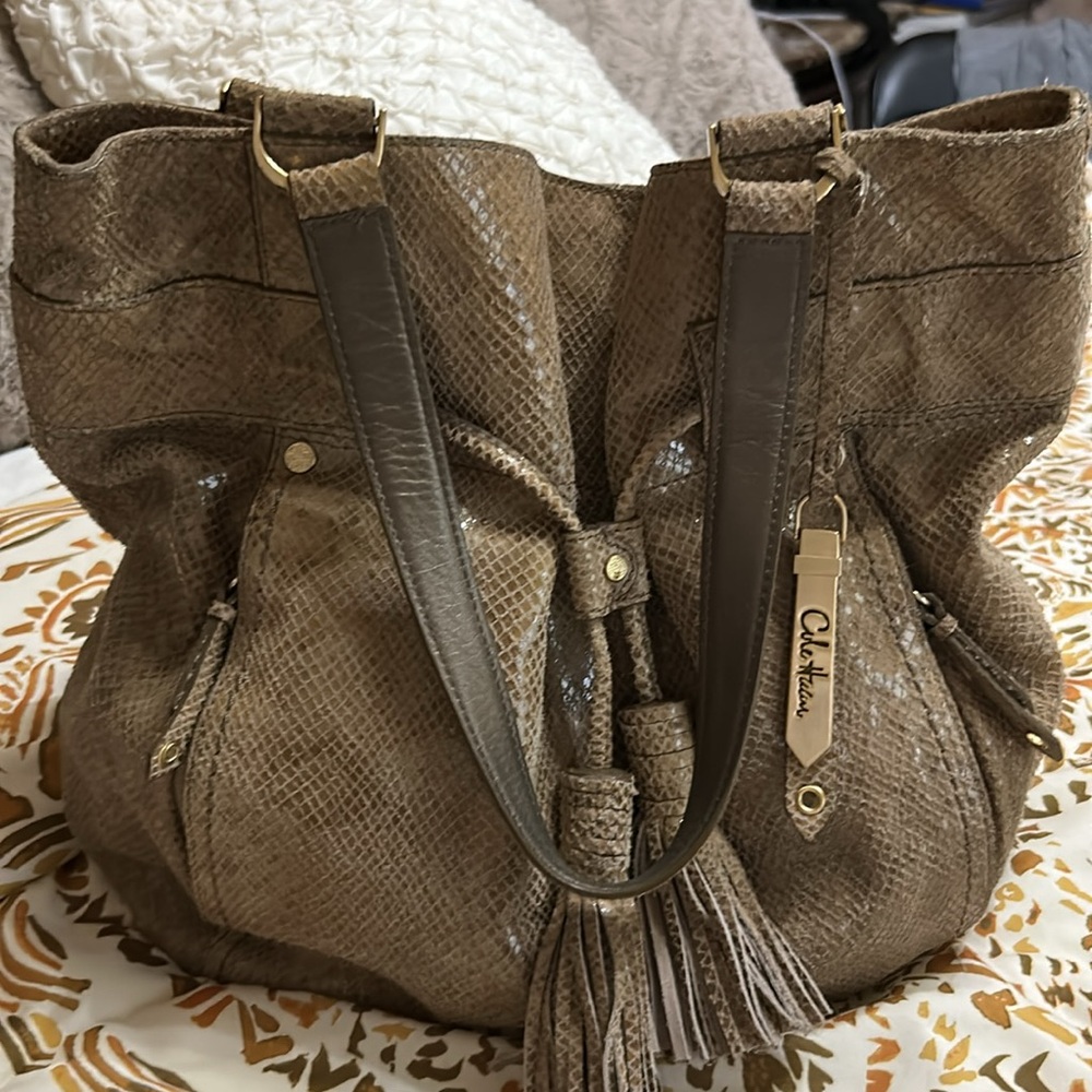 Cole Haan snakeskin tan suede large shoulder bag.